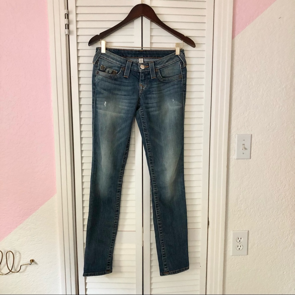 True Religion dark blue skinny low rise jeans, like new.